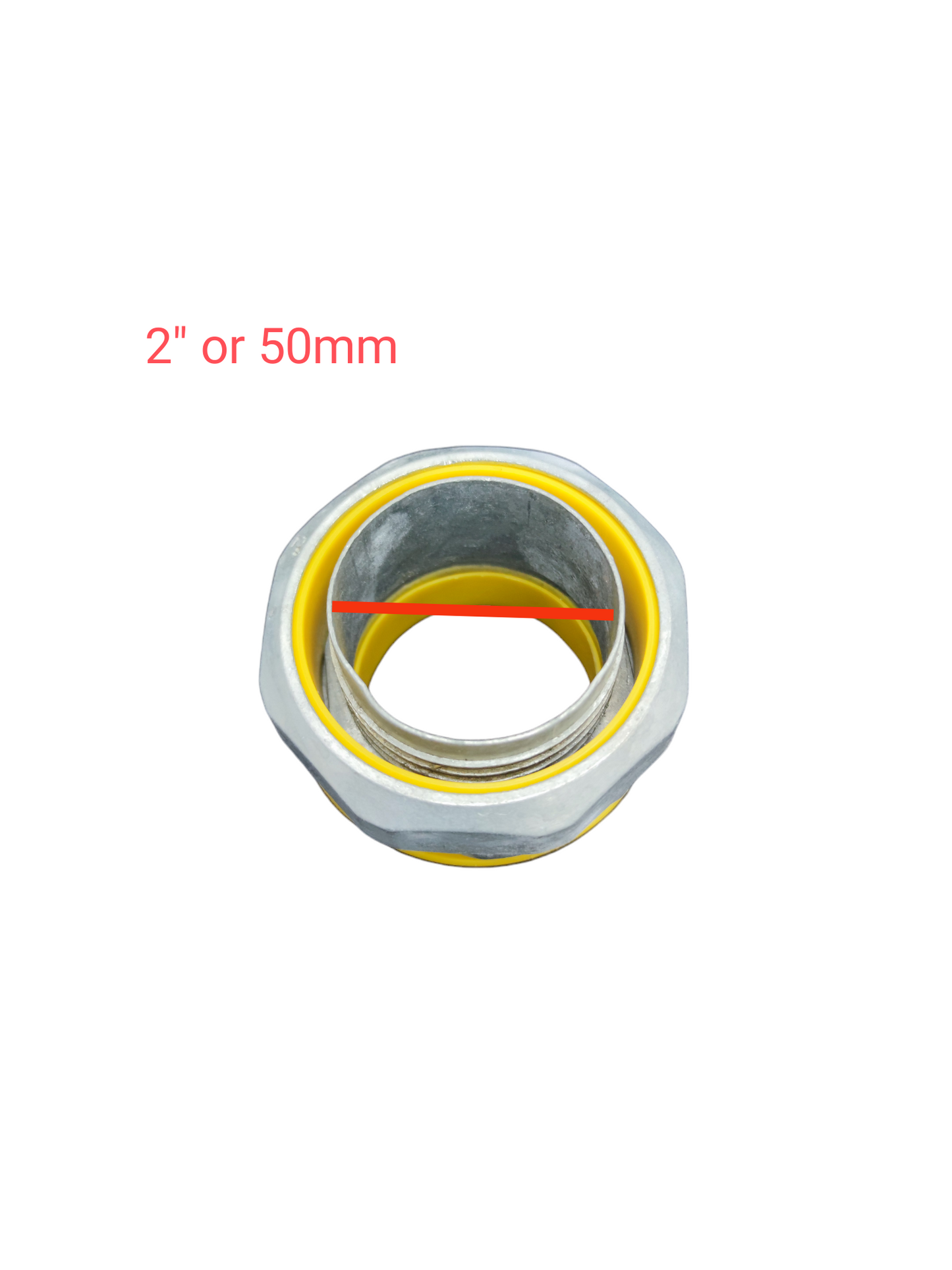 Liquid tight straight connector in 2 inch size with durable yellow sealing for pipes and hoses