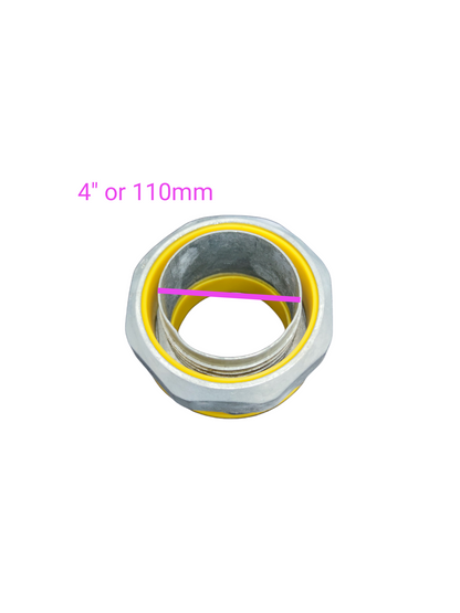 Liquid tight straight connector for 4 inch or 110mm pipes and hoses with durable metal construction
