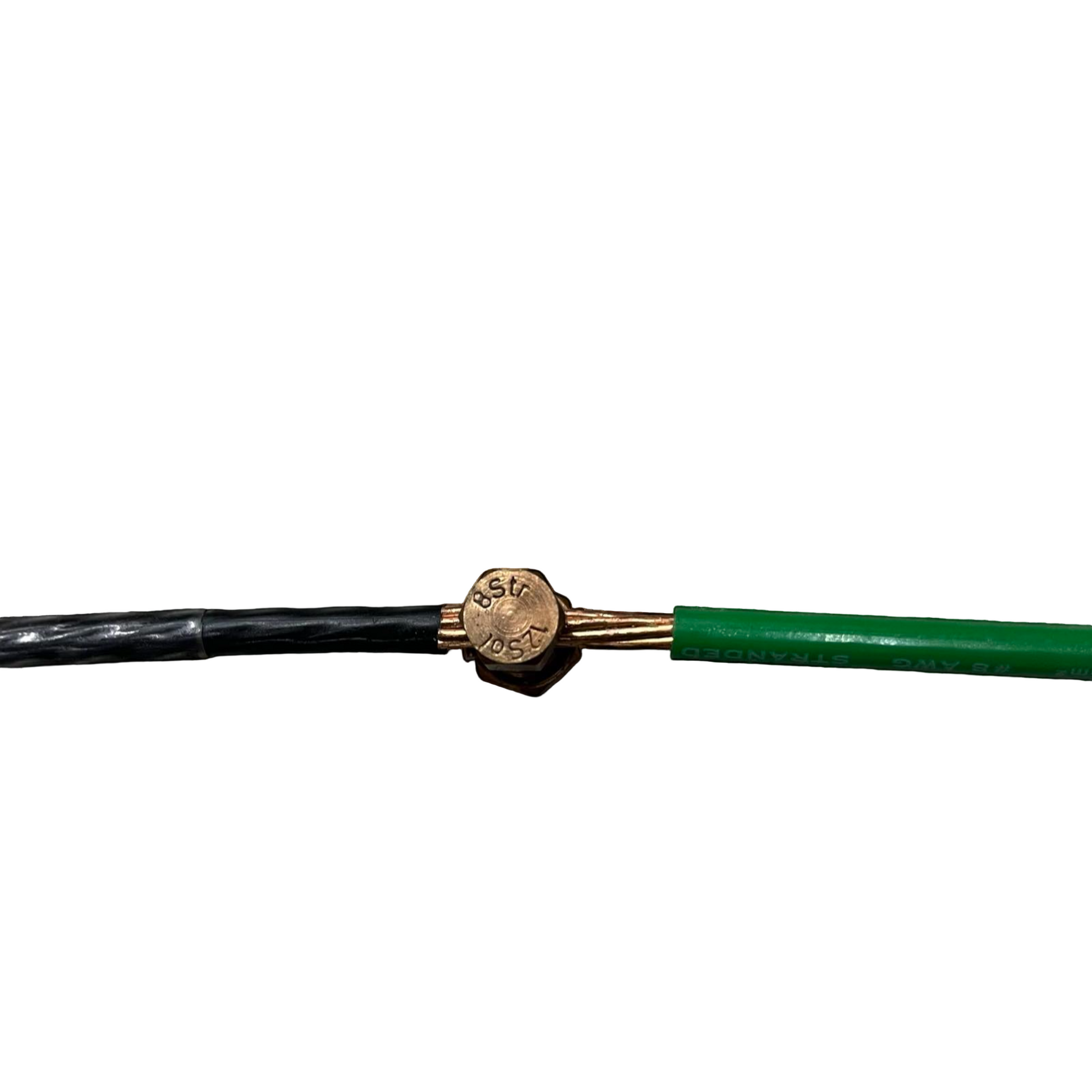 Solderless Connector 1 Bolt 1.25-8MM brass clamp joining black insulated cable to green wire Solderless Connector 1 Bolt For 1.25-8MM Wire Size S-8 Electx Electrical SUpply