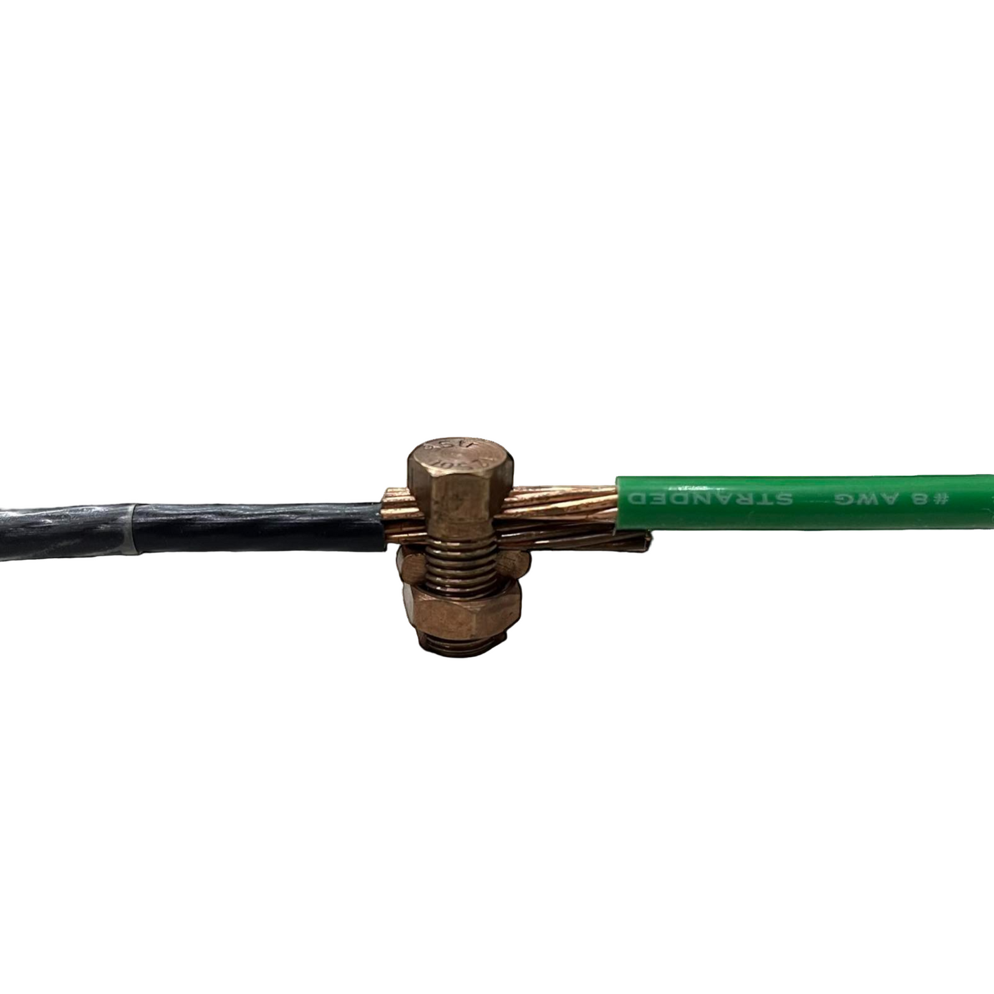 Brass Solderless Connector 1 Bolt 1.25-8MM joining a black insulated cable and green stranded wire Solderless Connector 1 Bolt For 1.25-8MM Wire Size S-8 Electx Electrical SUpply
