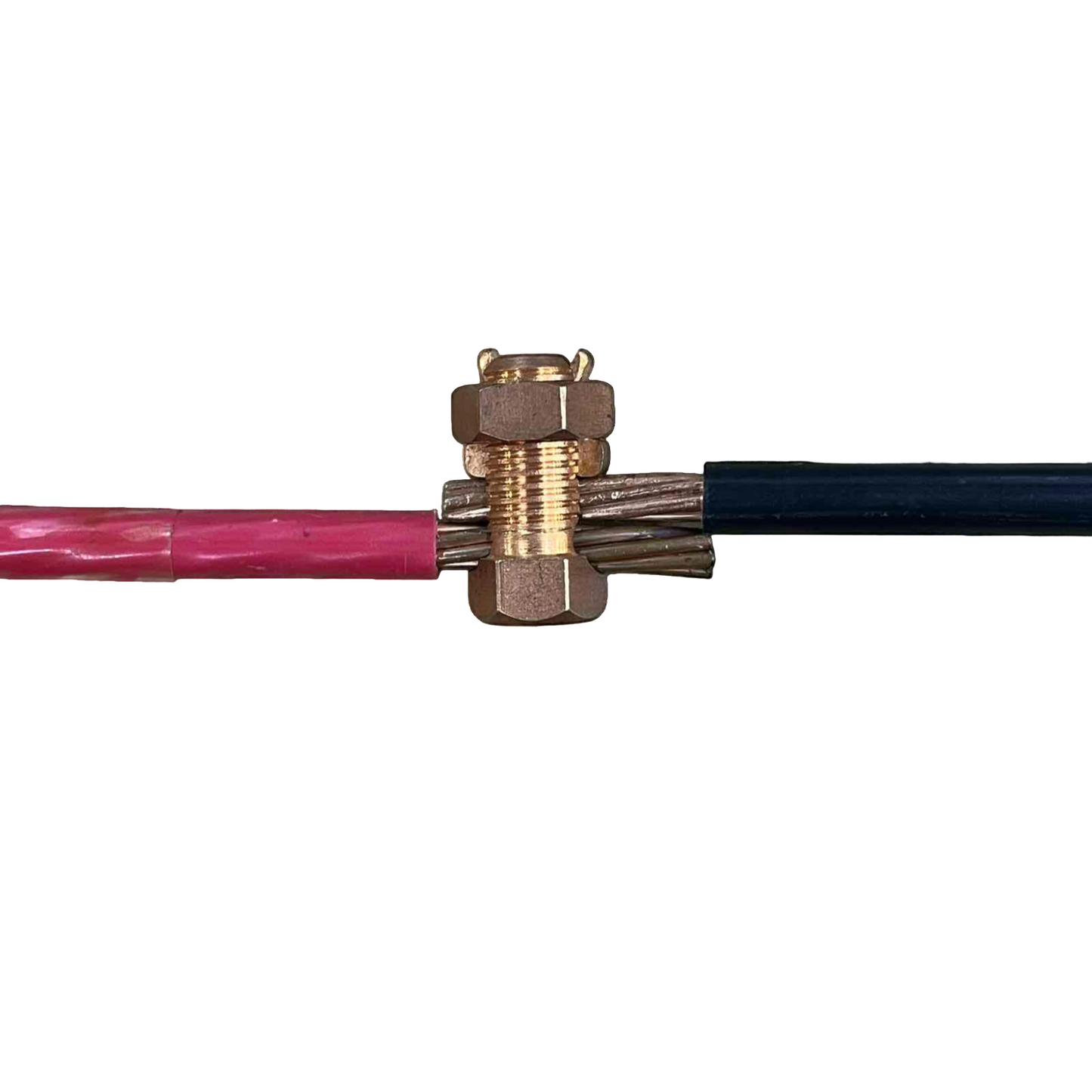 Solderless Connector 1 Bolt 5.5-14MM joining red and black stranded wires with brass clamp for electrical circuitry Solderless Connector Single Bolt for Wire Size 5.5mm - 14mm Copper, S-6 Electx Electrical SUpply
