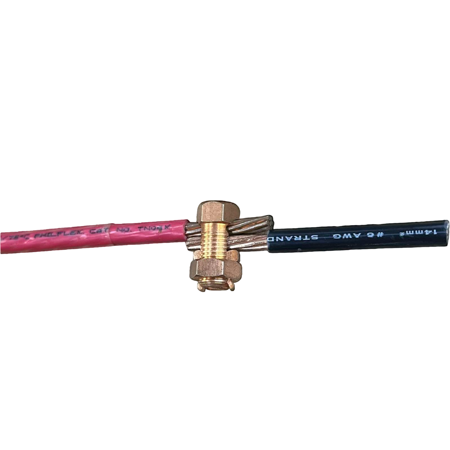 Solderless Connector 1 Bolt 5.5-14MM copper clamp joining red and black stranded wires on black background Solderless Connector Single Bolt for Wire Size 5.5mm - 14mm Copper, S-6 Electx Electrical SUpply