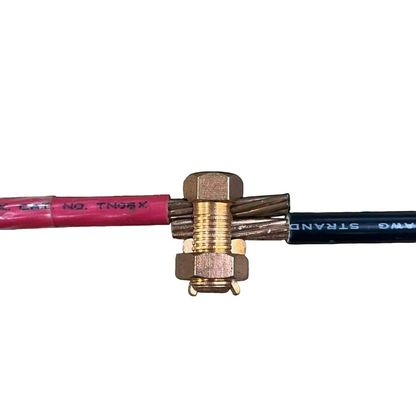 Solderless Connector 1 Bolt 5.5-14MM joining red and black stranded cables with brass nut clamp Solderless Connector 1 Bolt for Wire Size 5.5mm - 14mm Copper, S-6 Electx Electrical Supply