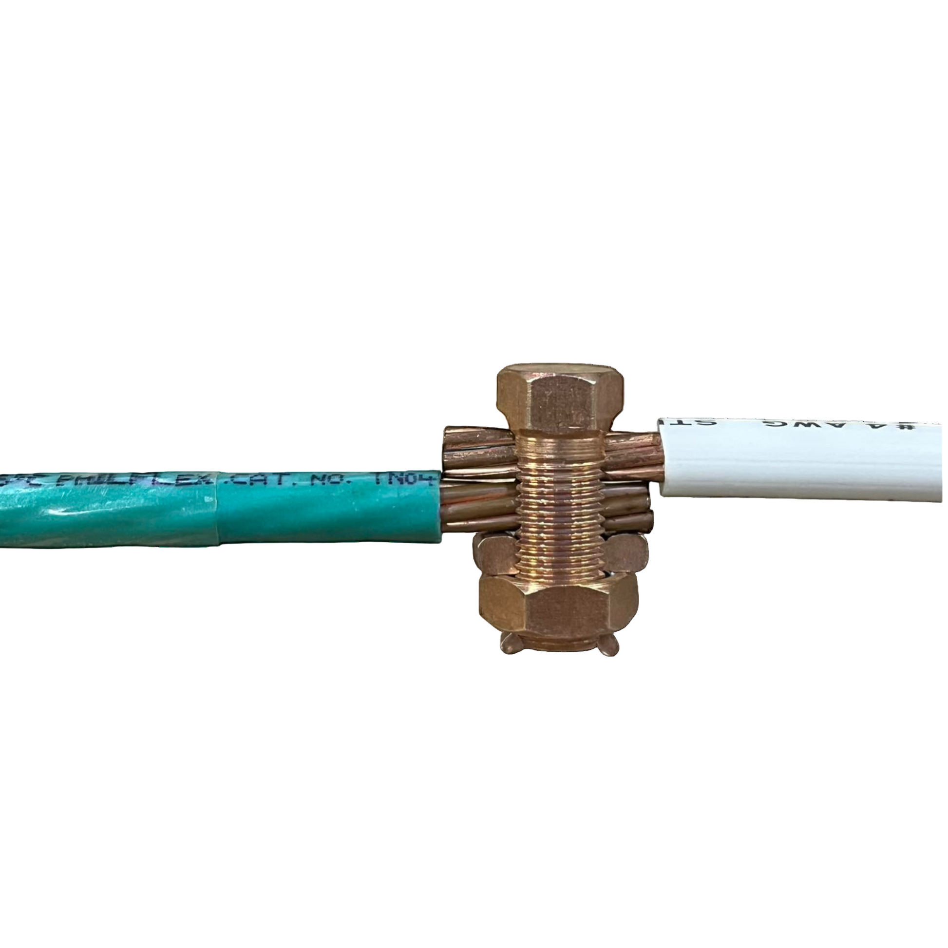 Solderless Connector 1 Bolt 8-22MM copper cable splice joining green and white stranded wires with nuts Solderless Connector Single Bolt Wire Size 8.0mm - 22mm Copper S-4 AWG4 Electx Electrical SUpply