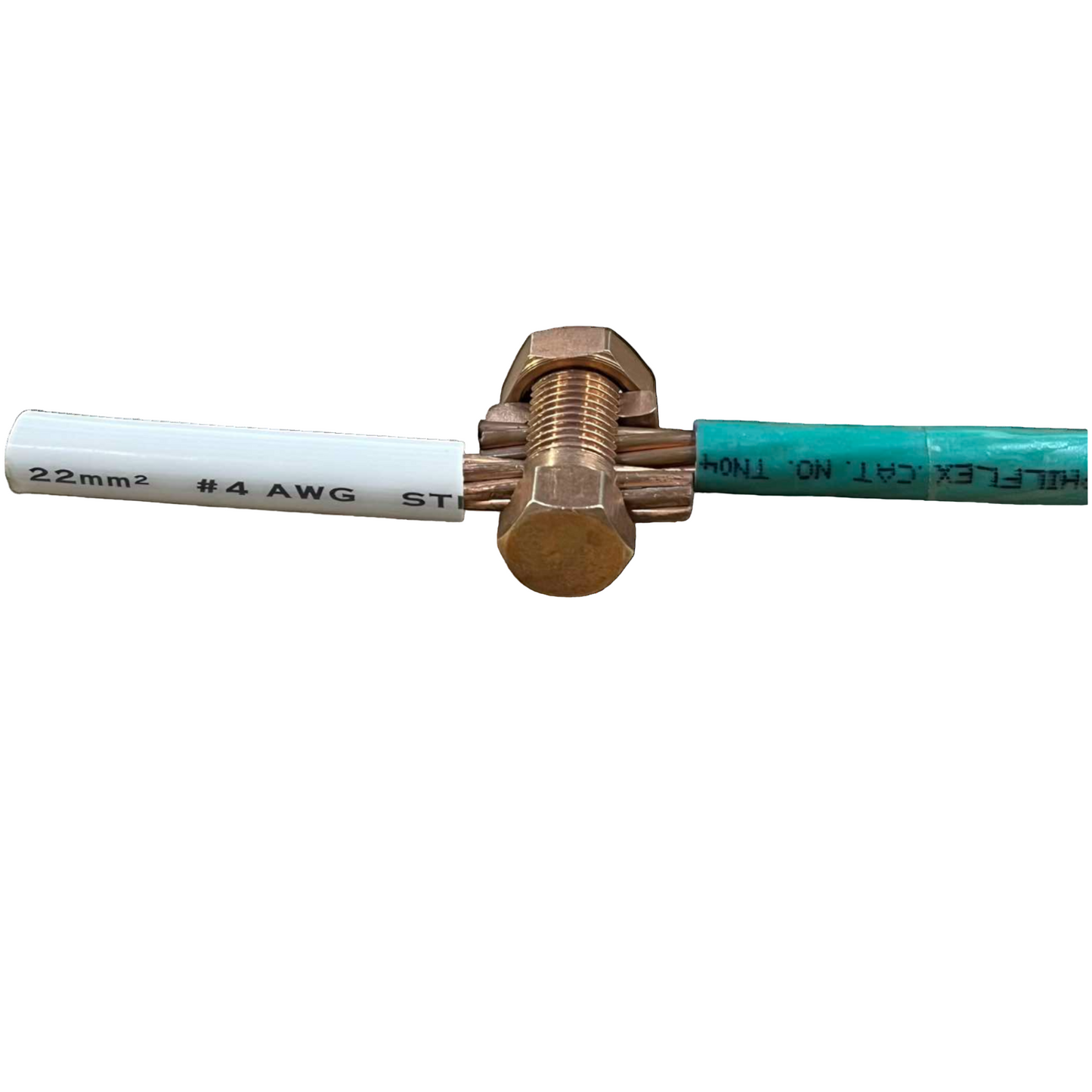 Solderless Connector 1 Bolt 8-22MM copper bolt connector joining green and white 22mm2 number 4 AWG electrical wires Solderless Connector Single Bolt Wire Size 8.0mm - 22mm Copper S-4 AWG4 Electx Electrical SUpply