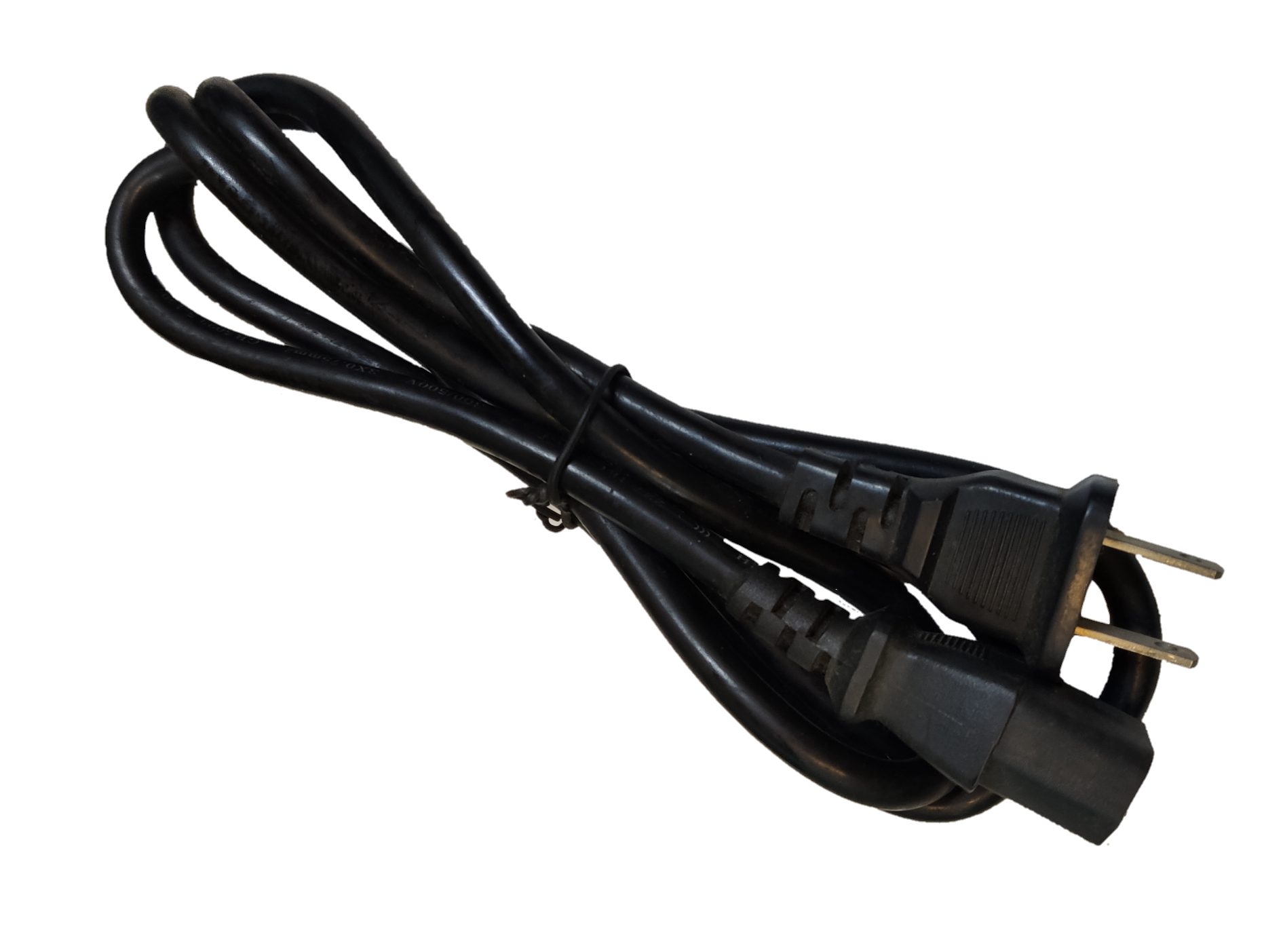 Cord C13 to Flat Pin AWG 18 black power cable with molded connectors isolated on black background