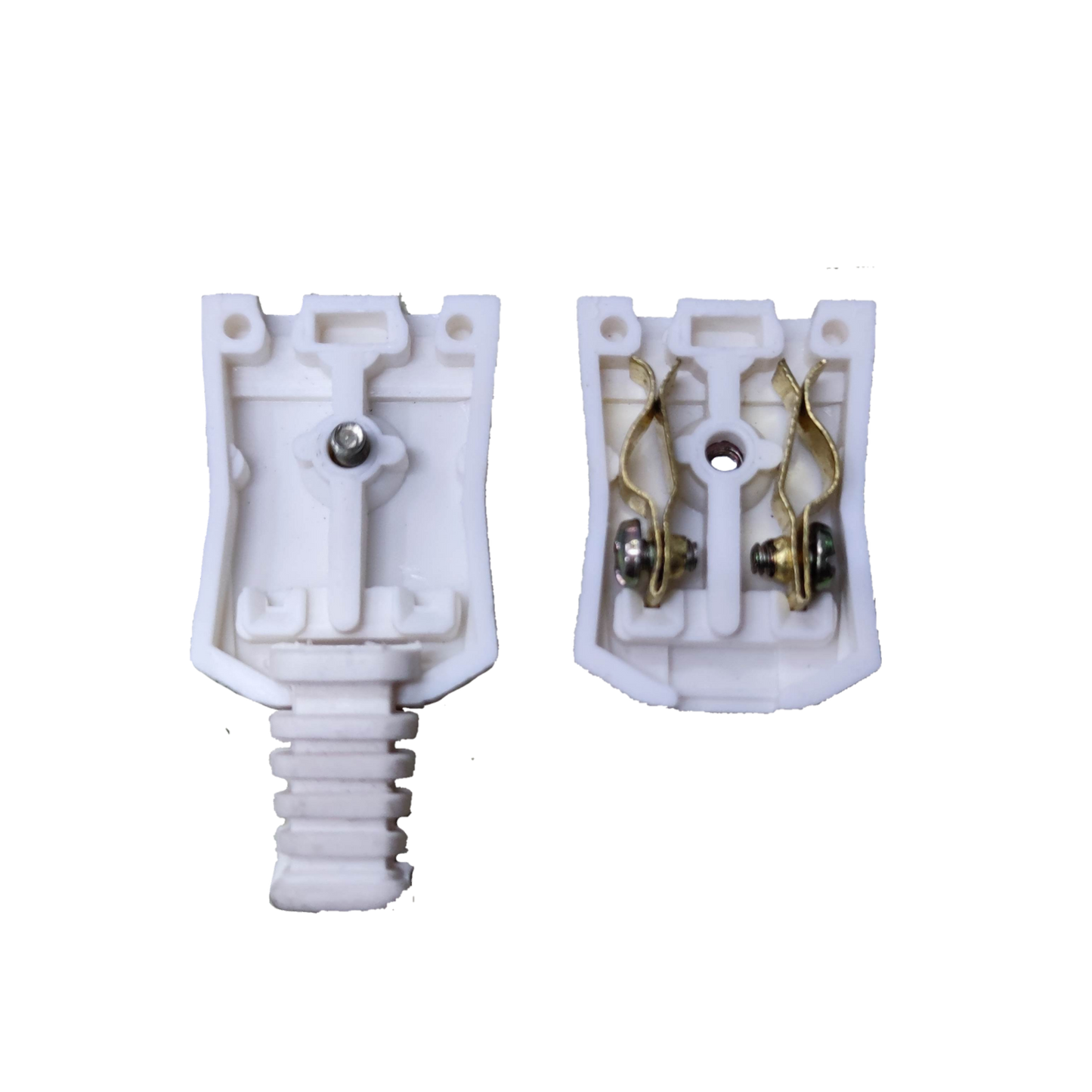 Surer Cord Connector Outlet 10A 250V Flat Pin with white plastic body and metal contacts open view