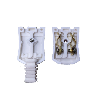 Surer Cord Connector Outlet 10A 250V Flat Pin with white plastic body and metal contacts open view