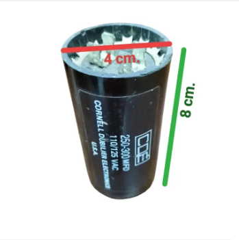 CDE Motor Start Capacitor 250-200 MFD with dimensions of 4 cm diameter and 8 cm height
