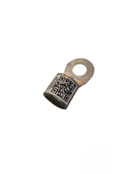 crimp type terminal connector 100-12 with QR code on metallic electrical circuitry part