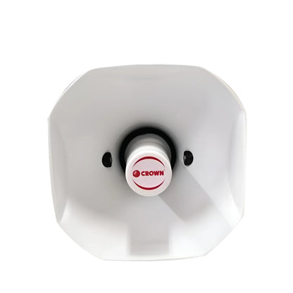 Front view of white Crown 180W Horn Speaker 16 Ohms with red Crown logo on center cap and mounting holes