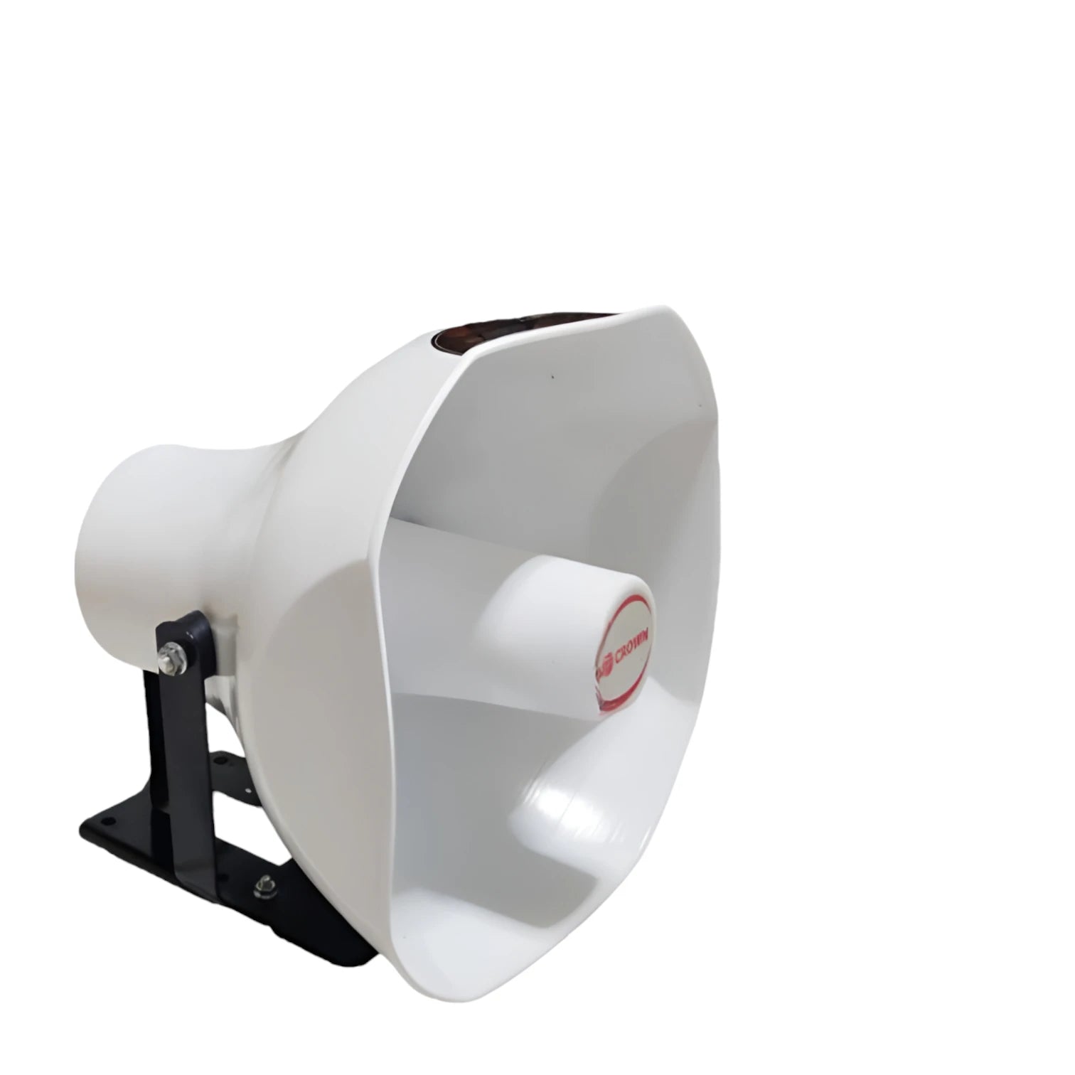 White Crown 180W Horn Speaker 16 Ohms mounted on black bracket for outdoor public address use