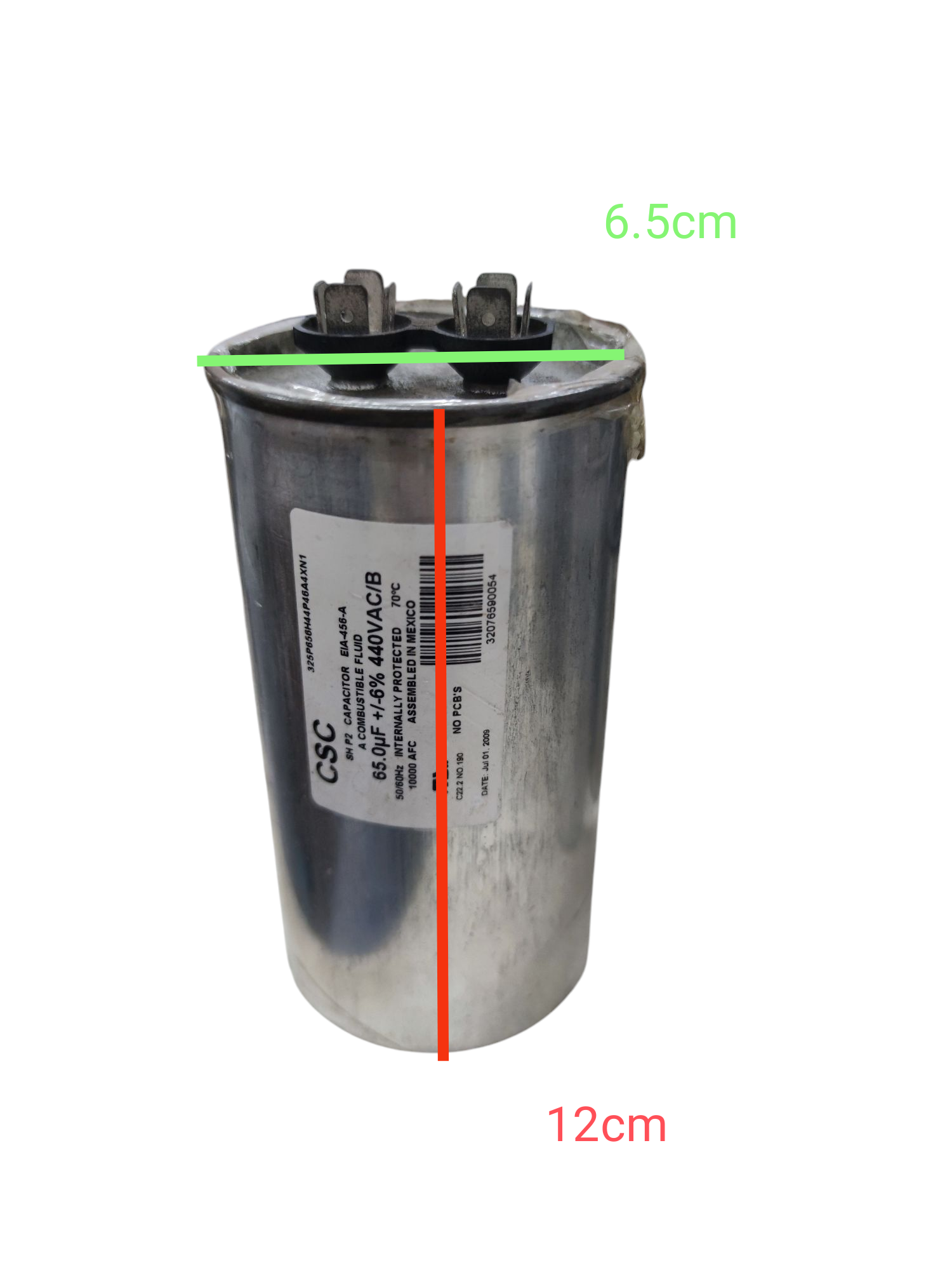 CSC 65uF 440V capacitor electrical circuitry part with metal casing and terminal connectors