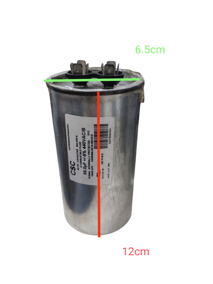 CSC 65uF 440V capacitor electrical circuitry part with metal casing and terminal connectors