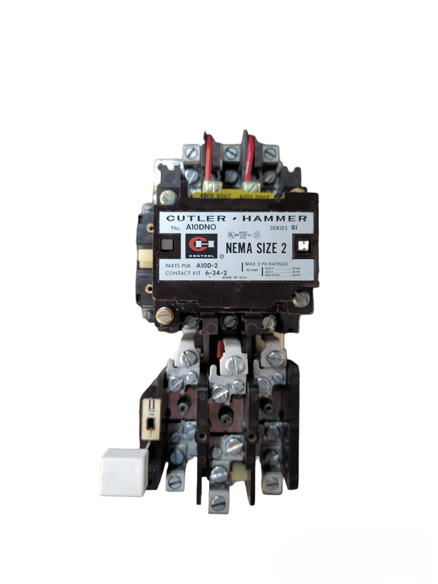 Cutler Hammer Contactor 45A 480V Nema Size 2 with multiple electrical connections and screws