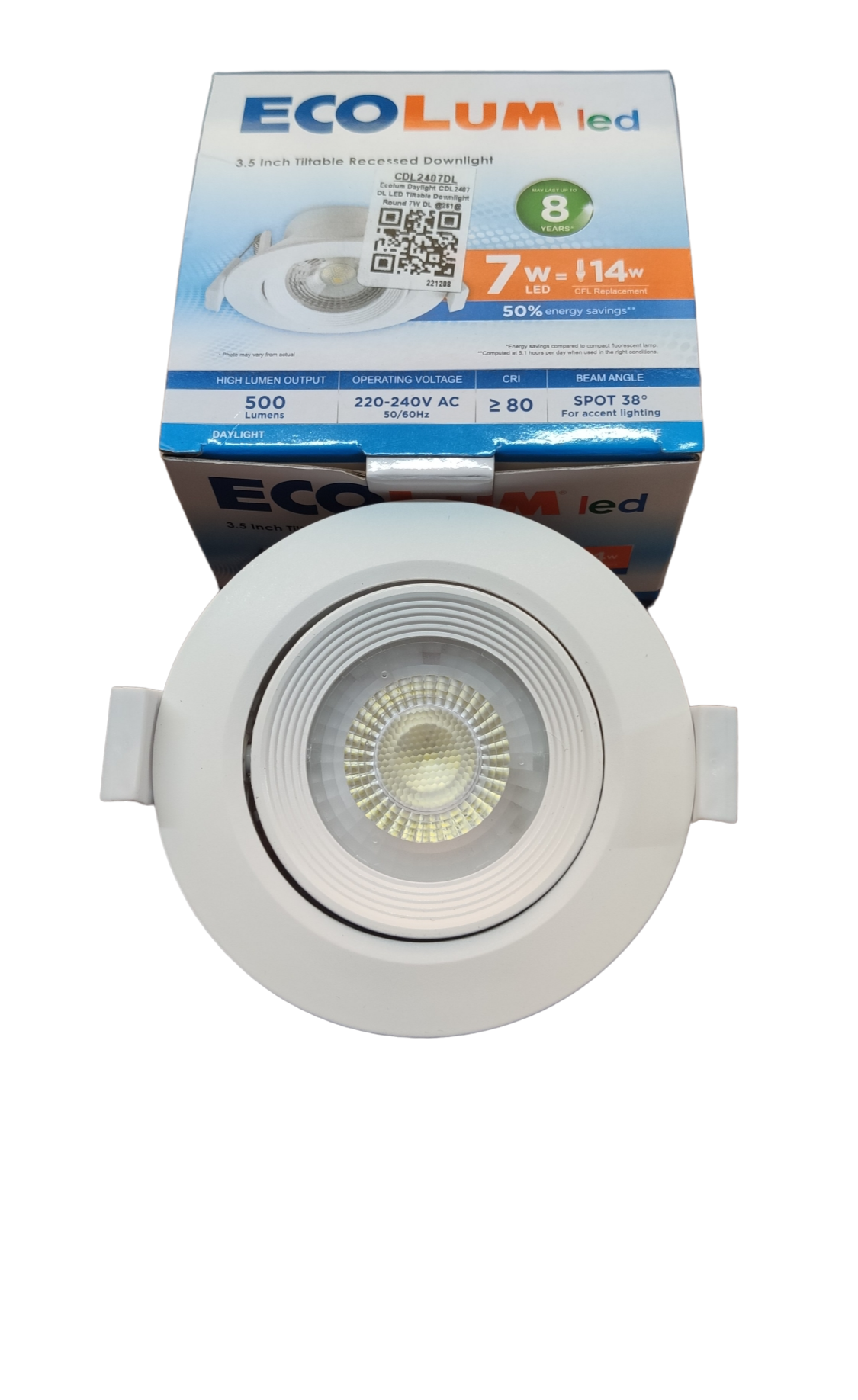 Ecolum 7W Daylight Tiltable Recessed Downlight 3.5 inch 220V 6500K 3.5" LED Downlight Swivel 220V 6500K Flush