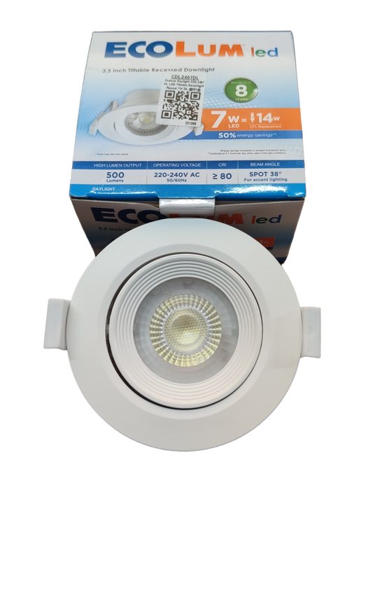 Ecolum 7W Daylight Tiltable Recessed Downlight 3.5 inch 220V 6500K 3.5" LED Downlight Swivel 220V 6500K Flush