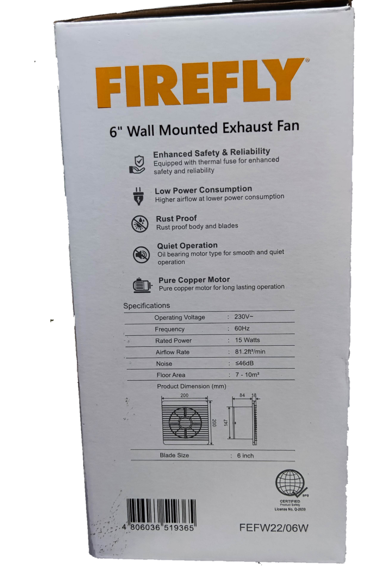 Firefly Exhaust Fan 6" 220V Wall Type with Shutter, Exhaust Fan 6 Inches 220V FEFW22/06W