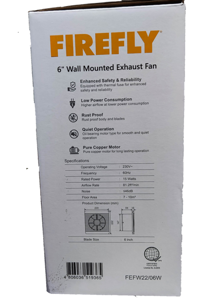 Firefly Exhaust Fan 6" 220V Wall Type with Shutter, Exhaust Fan 6 Inches 220V FEFW22/06W