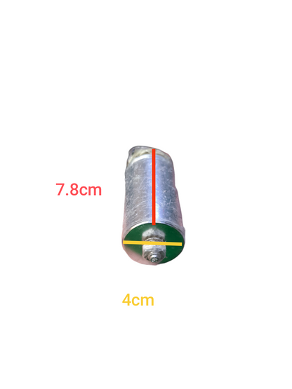25uf 220V AC lighting capacitor with cylindrical metal body measuring 7.8cm by 4cm from Electx Electrical Supply