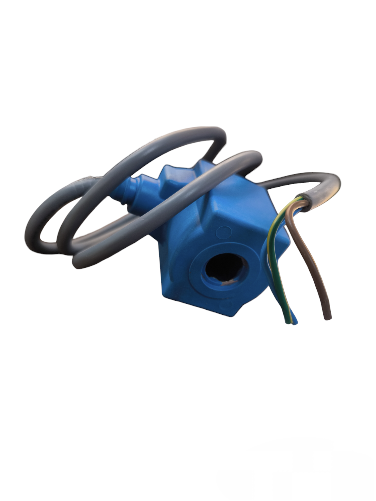 Danfoss Solenoid Coil 14W 220V 60 Hz in blue with attached black and green wires
