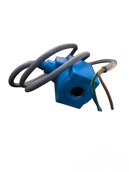 Danfoss Solenoid Coil 14W 220V 60 Hz in blue with attached black and green wires