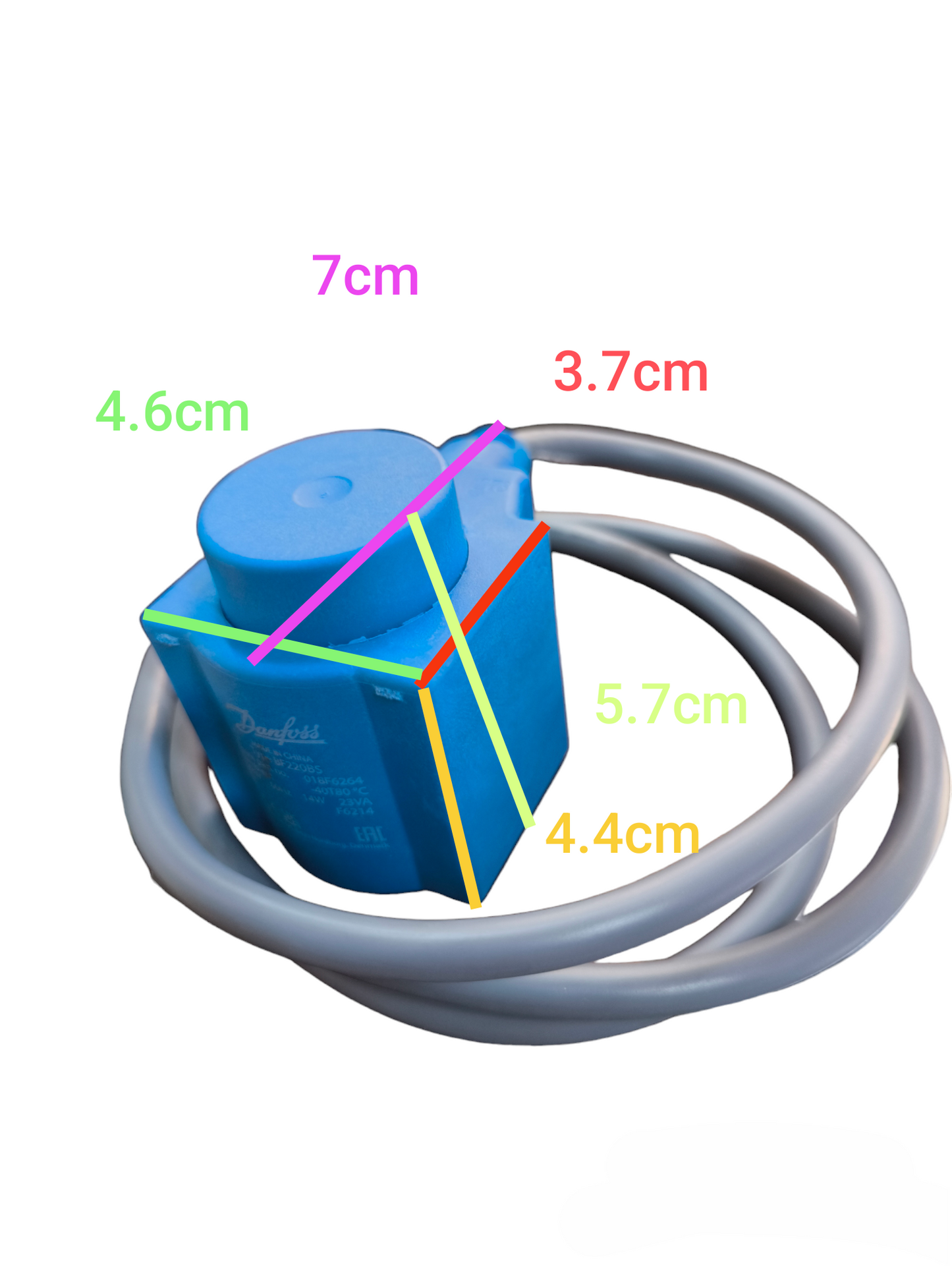 Danfoss Solenoid Coil 14W 220V 60 Hz blue electrical component with attached gray cable