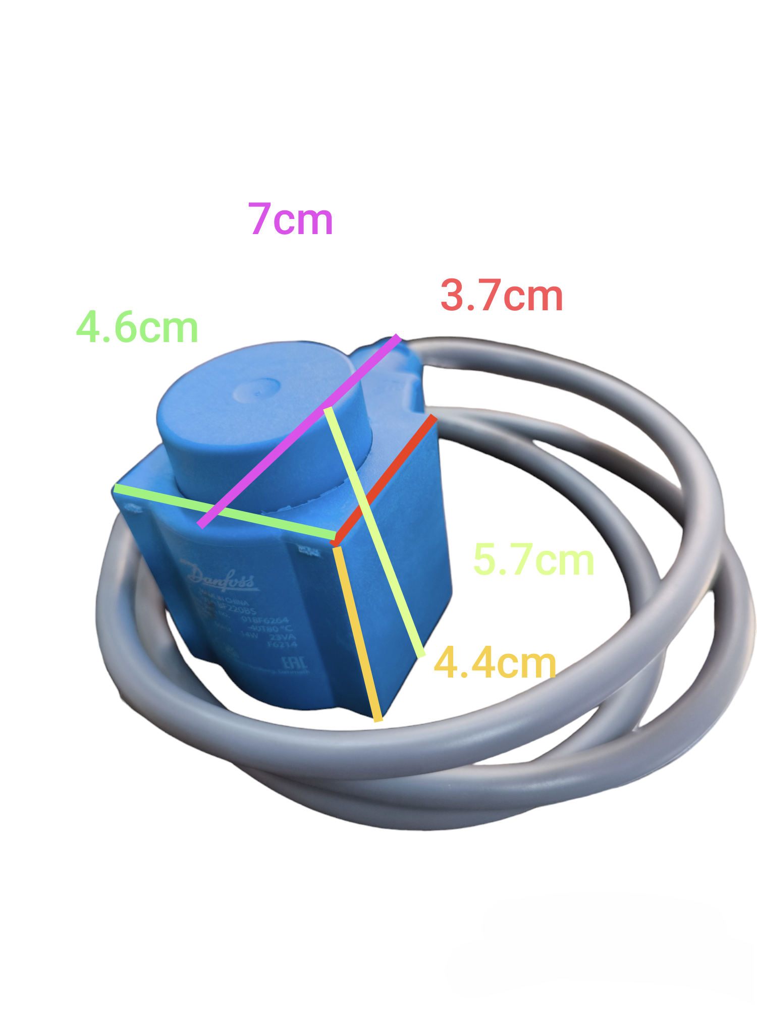 Danfoss Solenoid Coil 14W 220V 60 Hz blue electrical component with attached gray cable