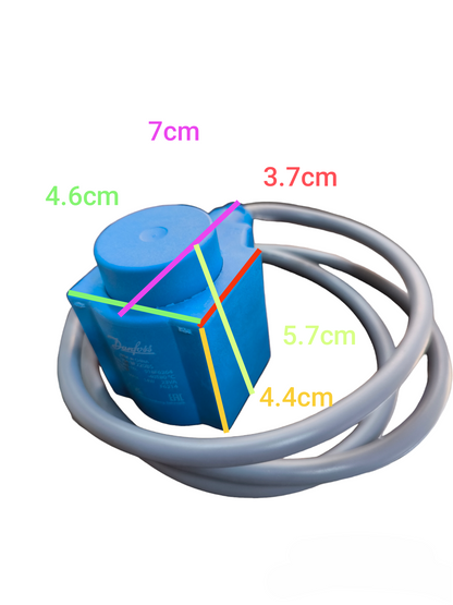Danfoss Solenoid Coil 14W 220V 60 Hz blue electrical component with attached gray cable