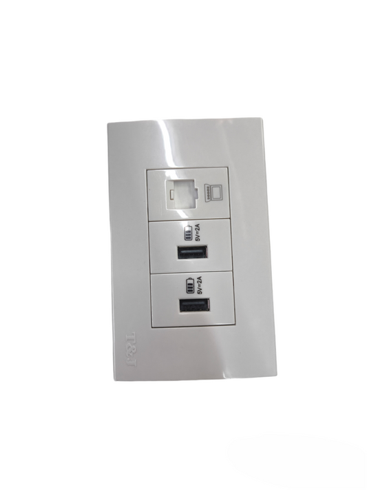 T&J DC Outlet and LAN Cat6 Outlet with Plate featuring dual USB ports and a LAN port