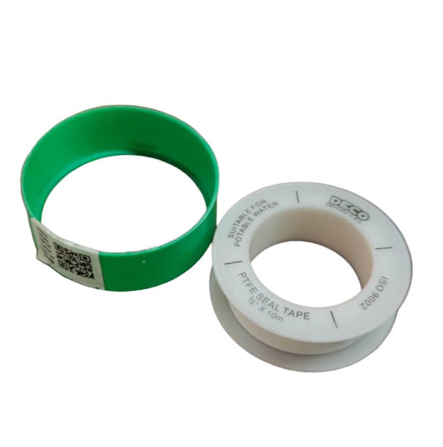 White PTFE Seal Tape roll with green protective sleeve for plumbing and sealing applications