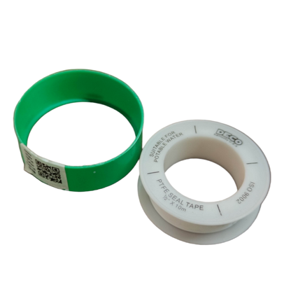 White PTFE Seal Tape roll with green protective sleeve for plumbing and sealing applications