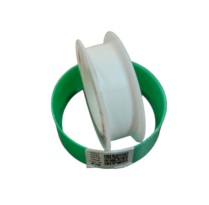 Roll of white PTFE Seal Tape for sealing pipes and fittings with green packaging from China