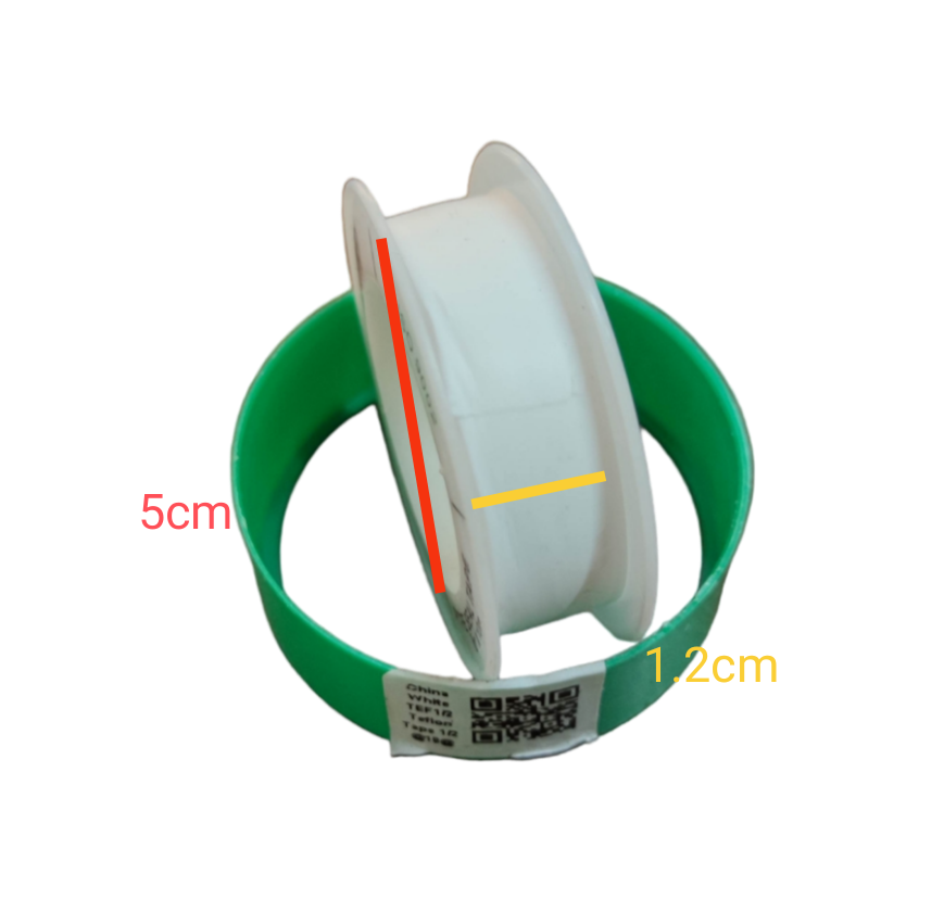 White PTFE Seal Tape roll measuring 5cm by 1.2cm with green holder for adhesives and sealants