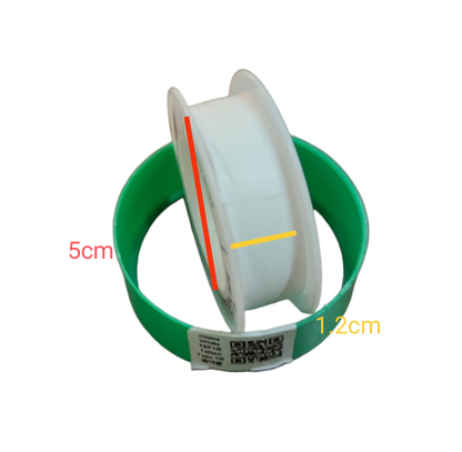 White PTFE Seal Tape roll measuring 5cm by 1.2cm with green holder for adhesives and sealants