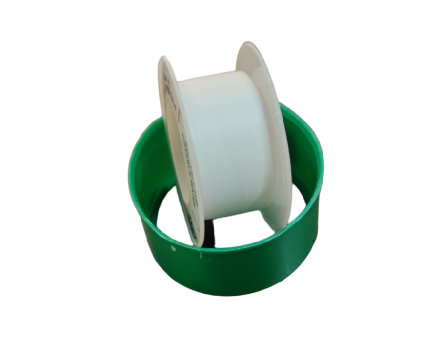 White roll of PTFE Teflon Tape on a green plastic holder for sealing pipe threads