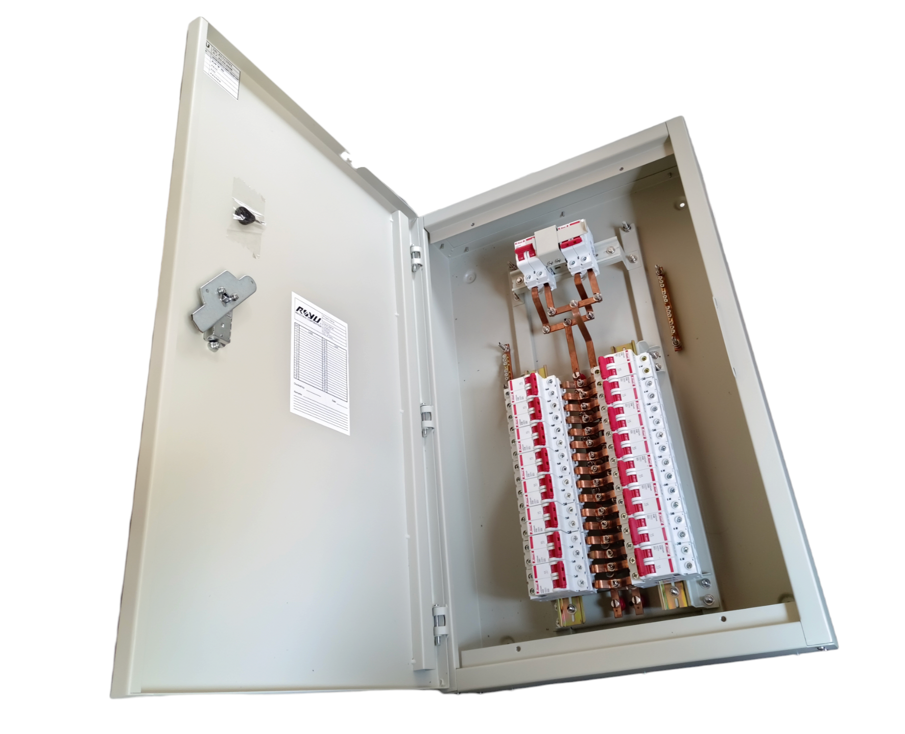 Himel 125A main circuit breaker panel with multiple switches and copper wiring inside a metal enclosure