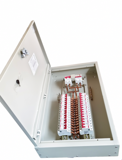 Himel 125A main circuit breaker panel with open white metal enclosure and copper busbars