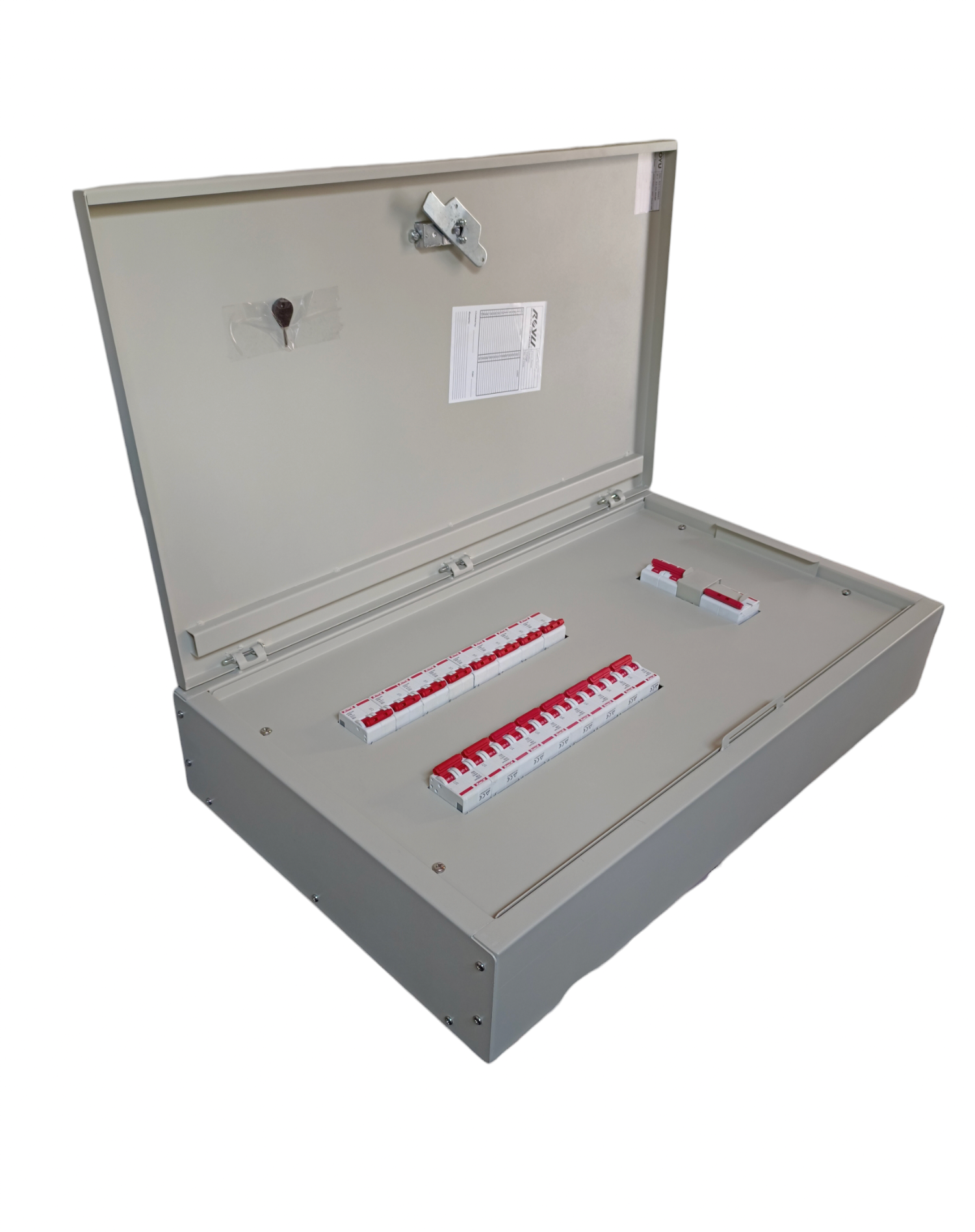 Himel 125A main circuit breaker panel with open gray metal enclosure and red switch breakers