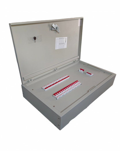 Himel 125A main circuit breaker panel with open gray metal enclosure and red switch breakers