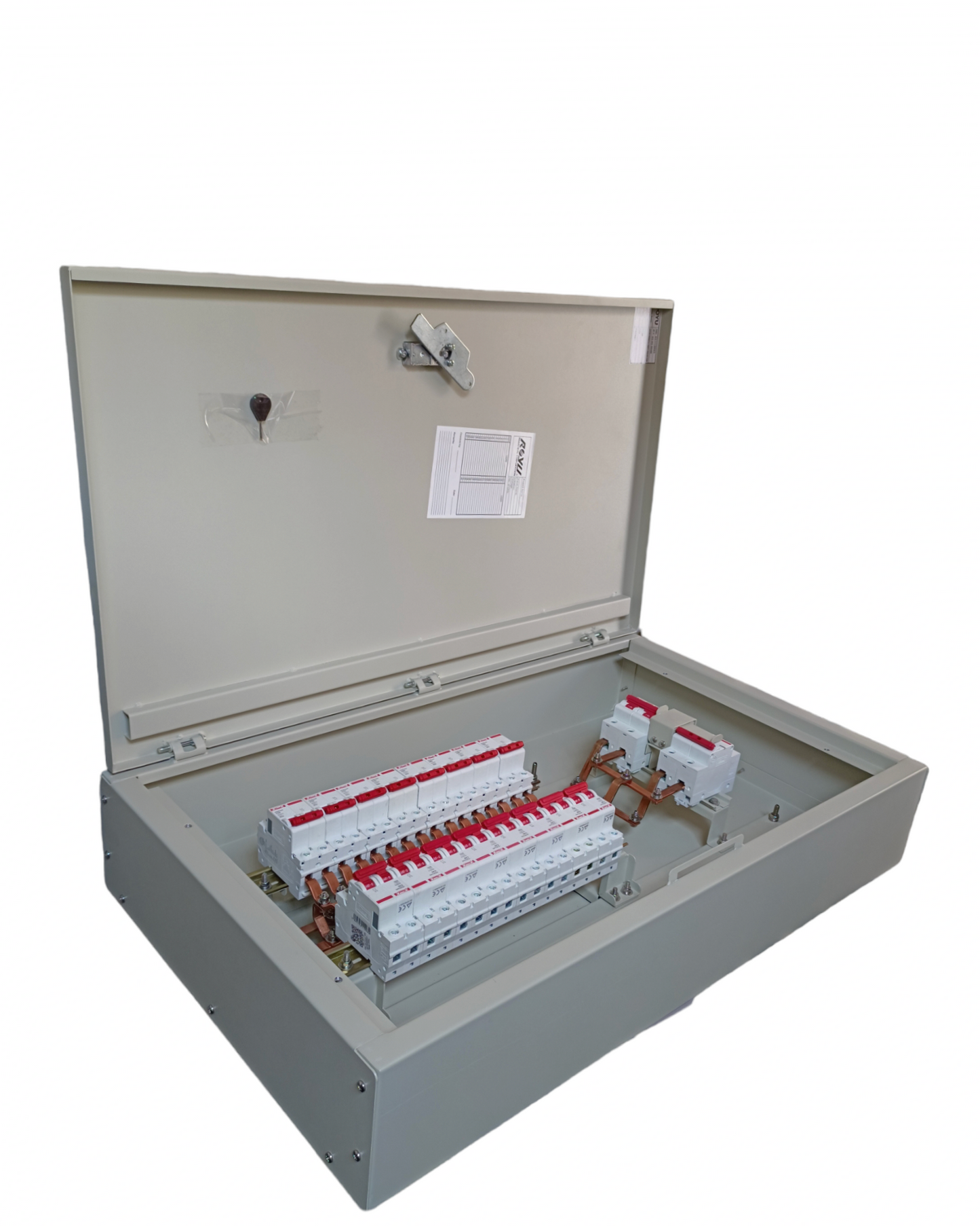 Himel 125A main circuit breaker panel with open gray metal enclosure and multiple breakers