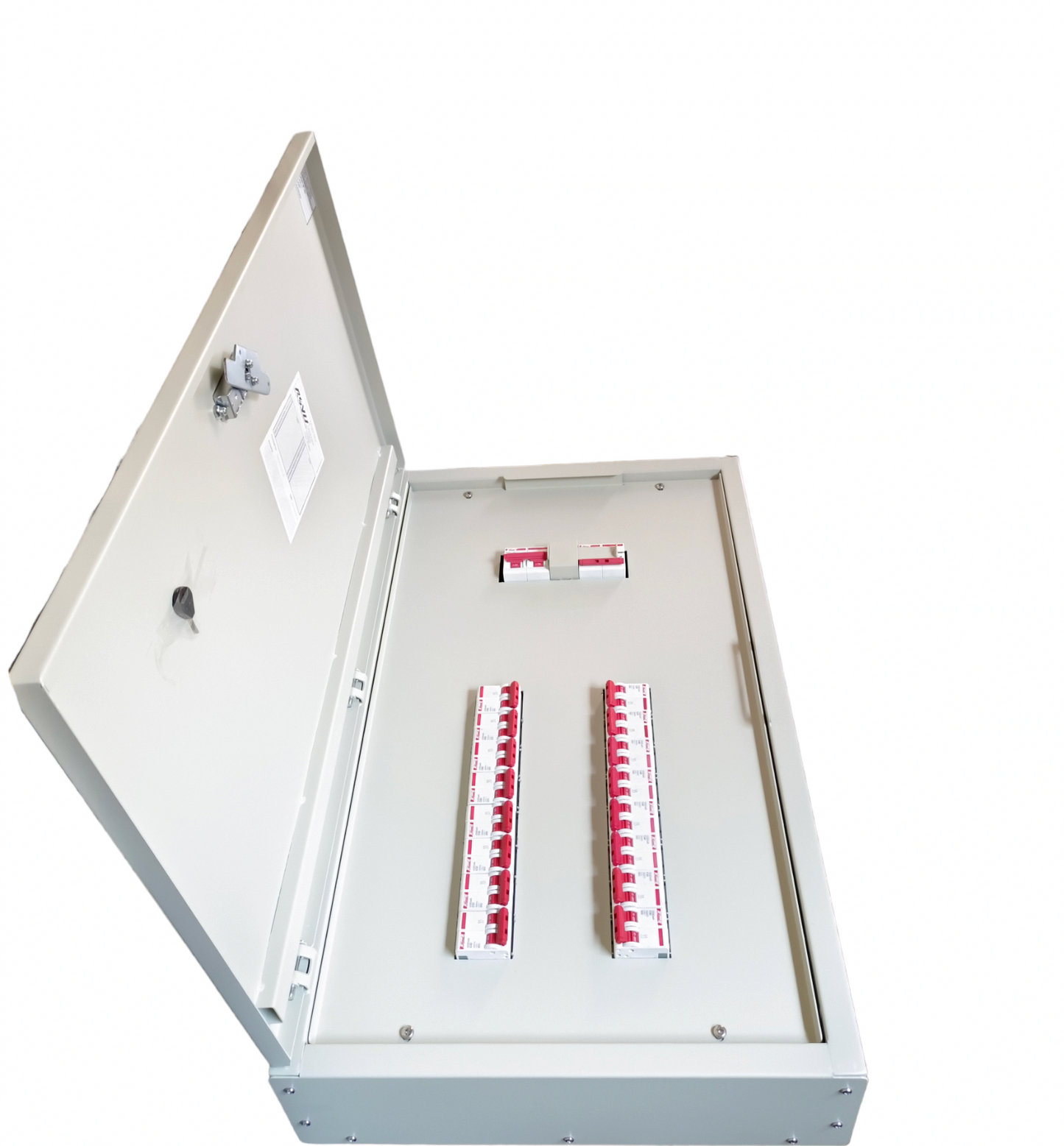 Himel 125A main circuit breaker panel with multiple breakers inside a gray metal enclosure