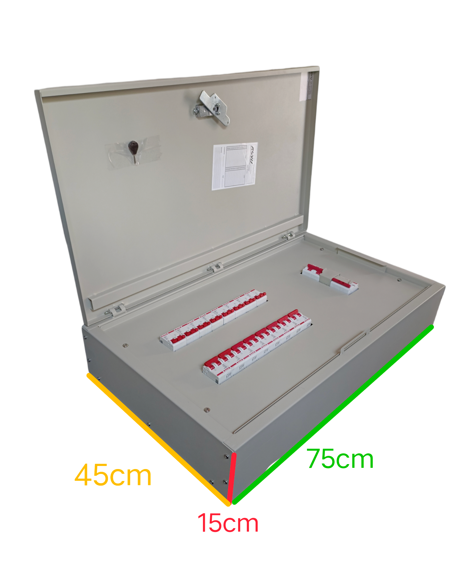 Himel 125A main circuit breaker panel with multiple switches and open metal enclosure showing internal components