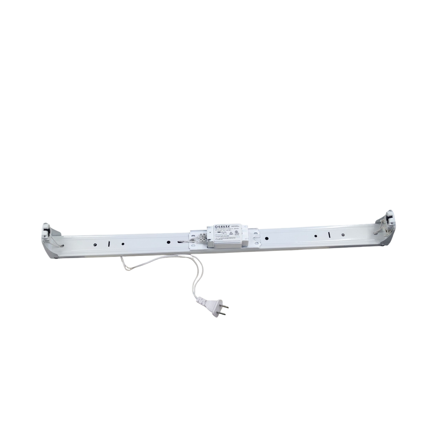 Delta magnetic ballast light fixture with white metal frame and attached power cord