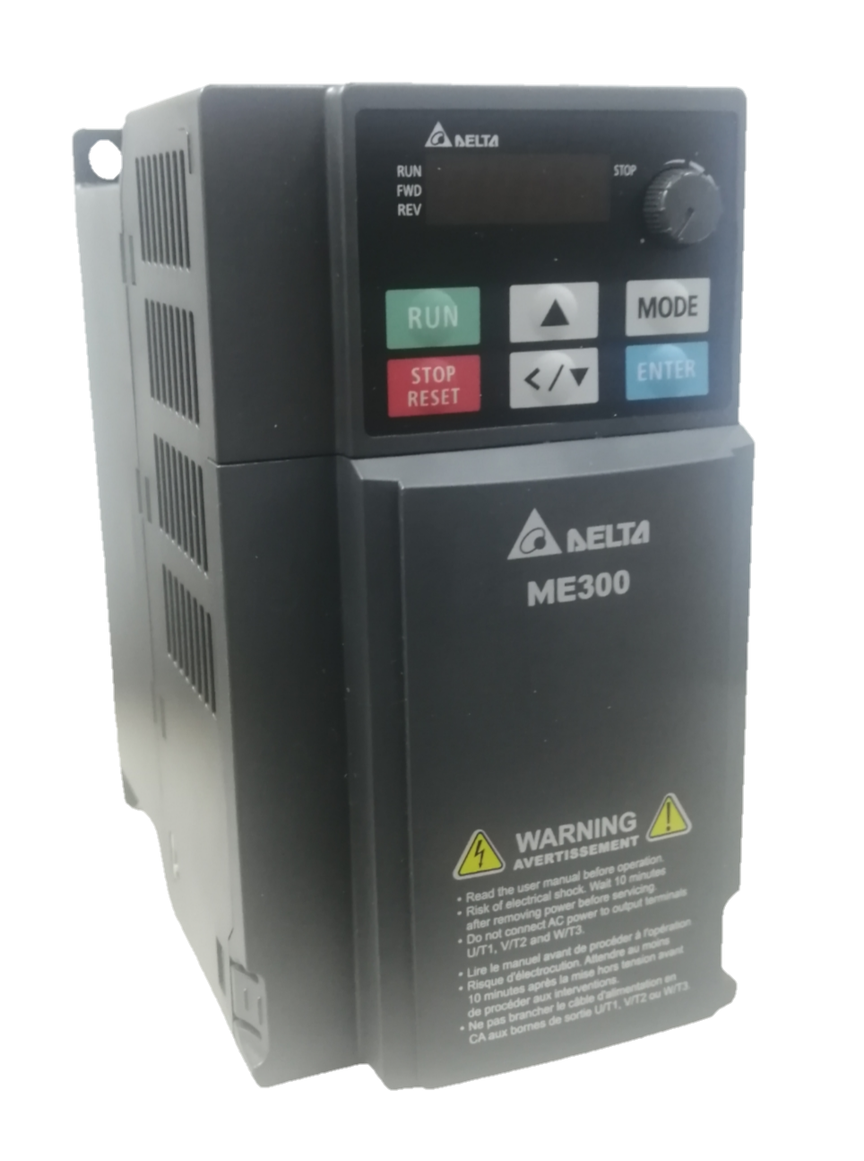 Delta ME300 VFD 3 phase 220V industrial motor controller with control panel and warning label