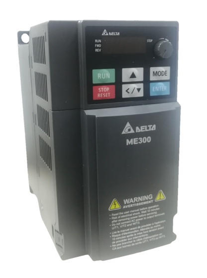 Delta ME300 VFD 3 phase 220V industrial motor controller with control panel and warning label