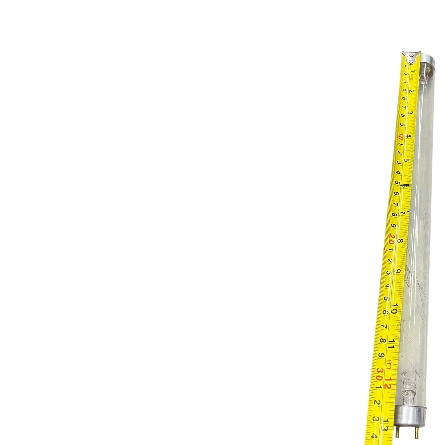 10W UVC Fluorescent Tube with measuring tape showing length on black background from China