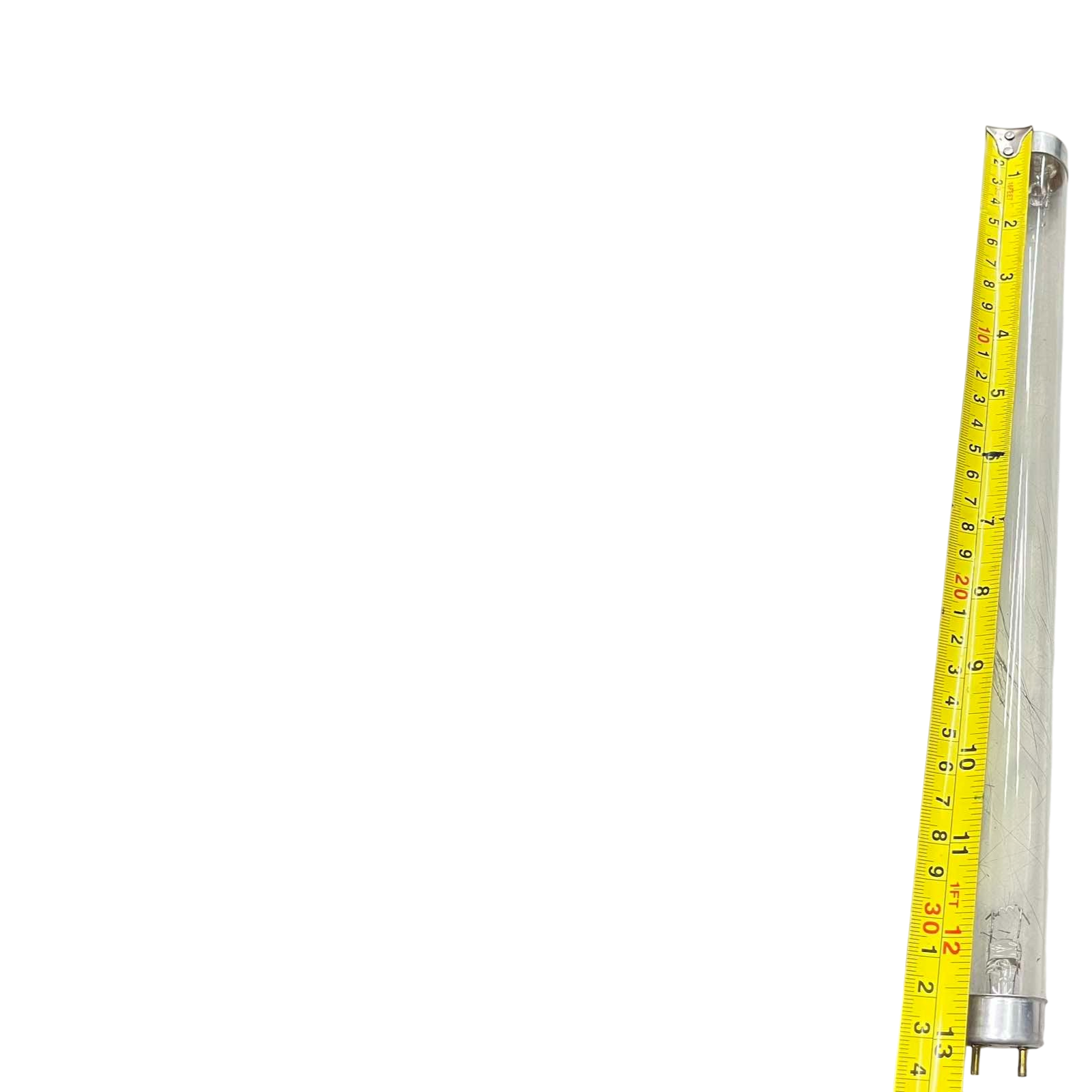 10W UVC Fluorescent Tube with measuring tape showing length on black background from China