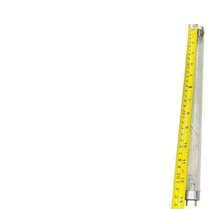 10W UVC Fluorescent Tube with measuring tape showing length on black background from China