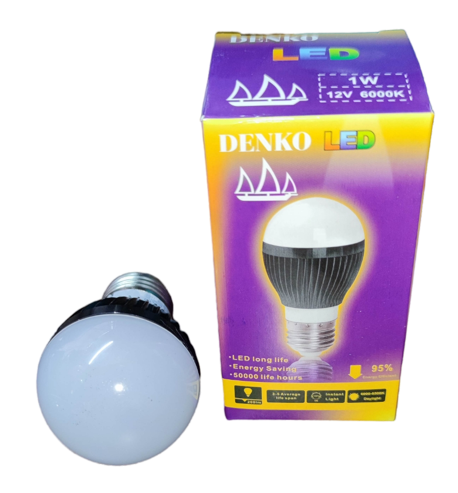 1W DENKO E27 LED light for battery with energy-saving design and long lifespan next to purple and yellow packaging